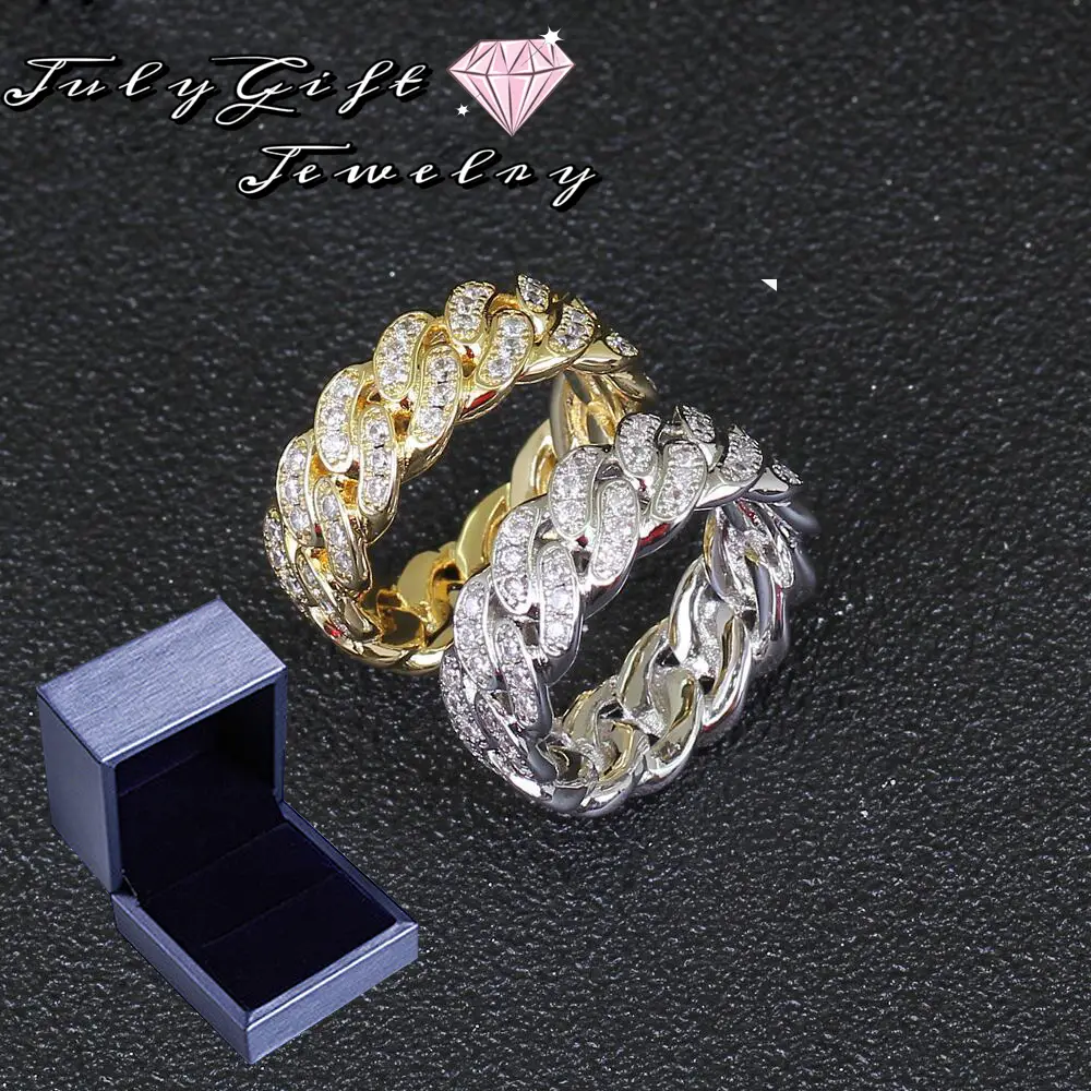 8mm Cuban Link Ring Bling Iced Out 2 Row CZ Hip Hop Engagement Band Ring for Women Men