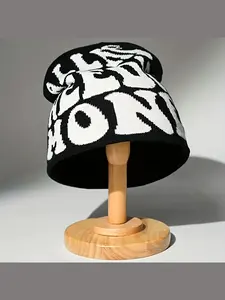 "all We Need Is Money" Graphic Beanie, Bold Color Block Knit Hat, Y2K Streetwear Skull Cap, Trendy Winter Accessory