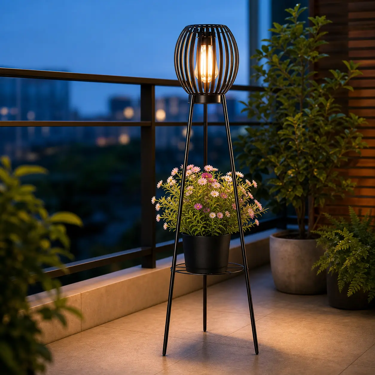 31.5" Metal Solar Floor Lamp with Plant Stand & Flower Pot Holder, Waterproof Outdoor Garden Light for Patio, Porch, Balcony Areas