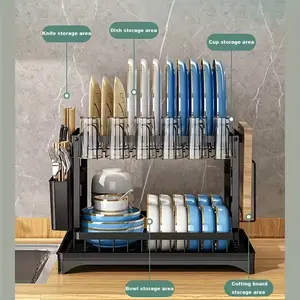 Two-layer drain rack, with adjustable dish rack, cutlery cup storage space, compact space-saving design, kitchen countertop finishing artifact, rugged storage solution
