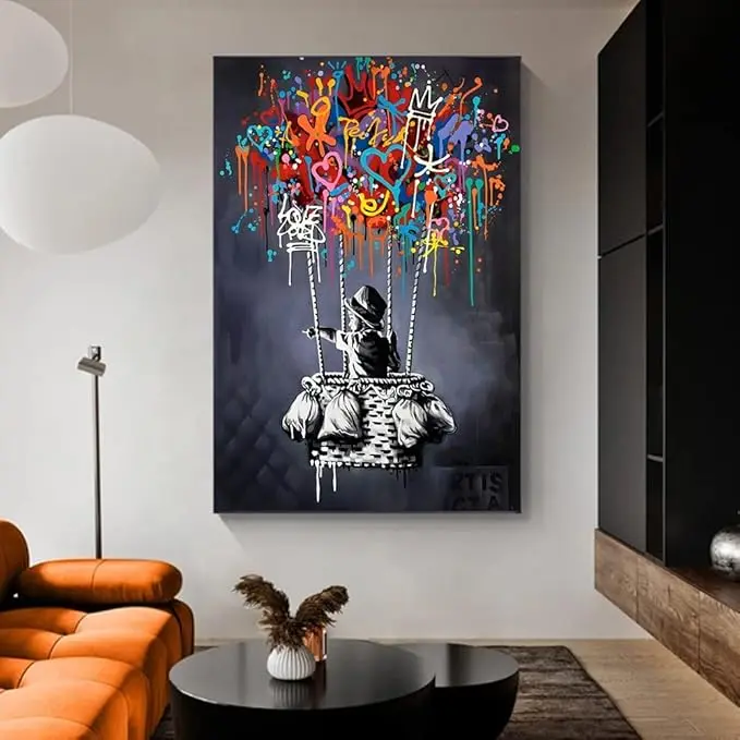 Framed Banksy Street Graffiti Wall Art Decor Large Abstract Pictures Canvas Painting Prints Colorful Modern Contemporary Poster Artwork Stretched for Wall Home Bathroom Bedroom Living Room Ready Hang Gift Decoration Design Artistic Minimalist Ornaments