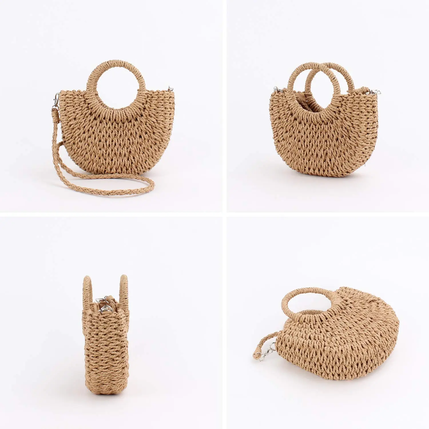 Mini Crossbody Tote Bags with Removable shoulder strap Semi Circle Rattan Straw Bags for Women Straw Clutch Purses Beach Woven Handbag for Travel Vacation