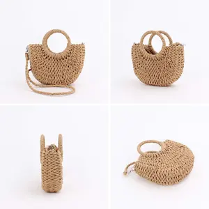 Mini Crossbody Tote Bags with Removable shoulder strap Semi Circle Rattan Straw Bags for Women Straw Clutch Purses Beach Woven Handbag for Travel Vacation