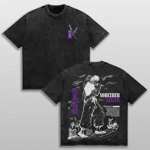Retro Washed Black Jujutsu Kaisen Fushiguro Toji Sorcerer Killer Graphic T Shirt for Men Anime Print Casual Short Sleeve Crewneck Cotton Tee Trendy Streetwear for Daily Wear and Anime Fans