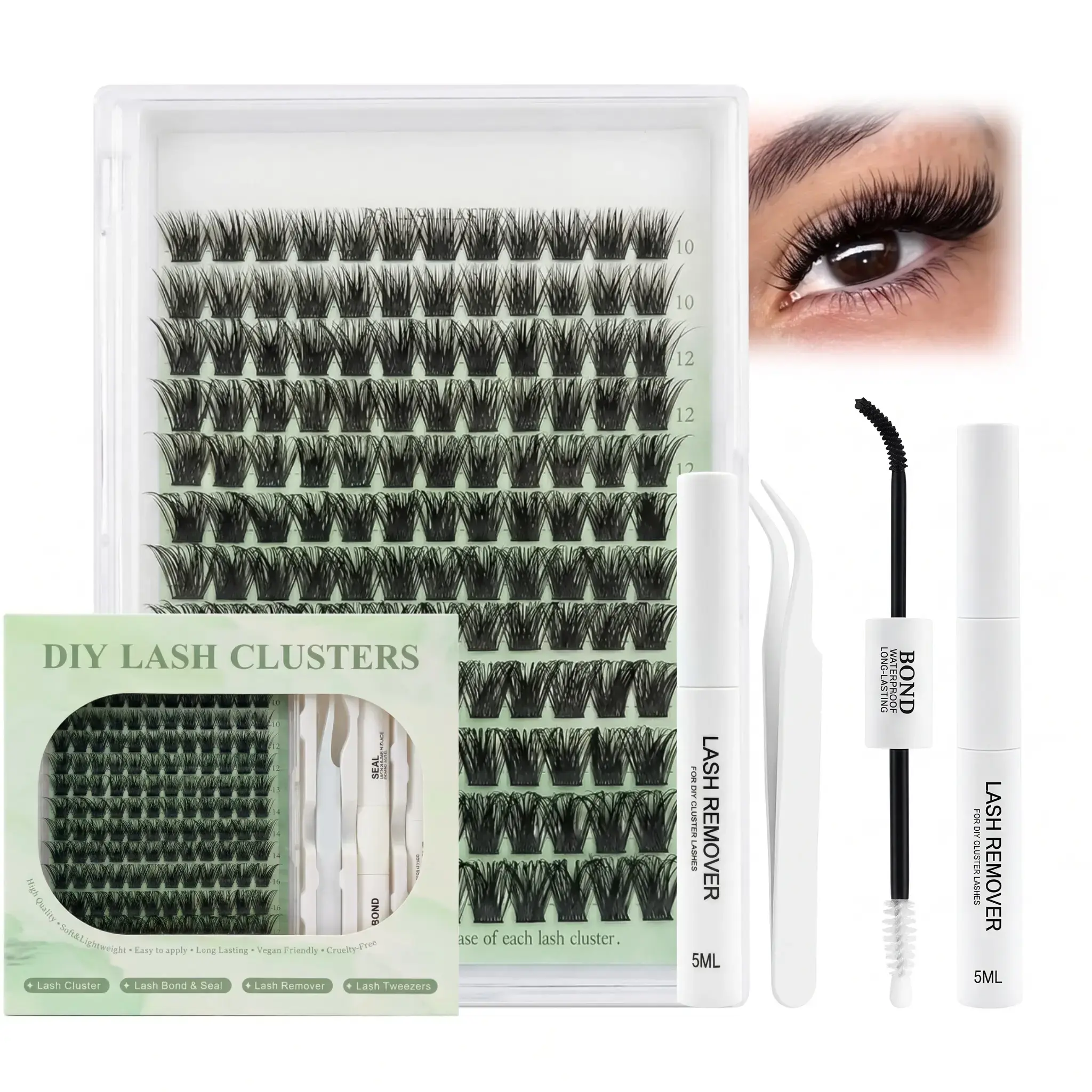 Thick Lash Clusters Kit with Lash Remover Volume Lashes Cluster Eyelash Extensions Kit Lash Bond and Seal 10-18mm Lash Extension Kit with Waterproof Lash Bond and Seal, Tweezers