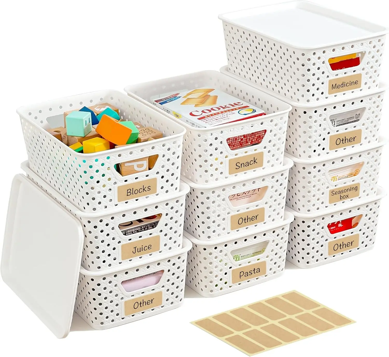 10 Pack Small Plastic Storage Bins with Lids, Stackable Plastic Storage Baskets for Organizing with Handles, Organizer Bins with Labels for Room, Craft, Containers for Pantry Organizers and Storage