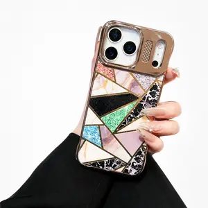 iPhone 17 Pro Max Case Luxury Marble Geometric Mosaic Gold Inlay Glitter  Rose Gold Electroplated Camera Frame Shockproof Cover for Women
