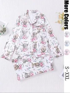 Women's Floral Print Pajama Set, Comfortable Long Sleeve Button Shirt & Elastic Pants, Casual Loungewear for All Seasons