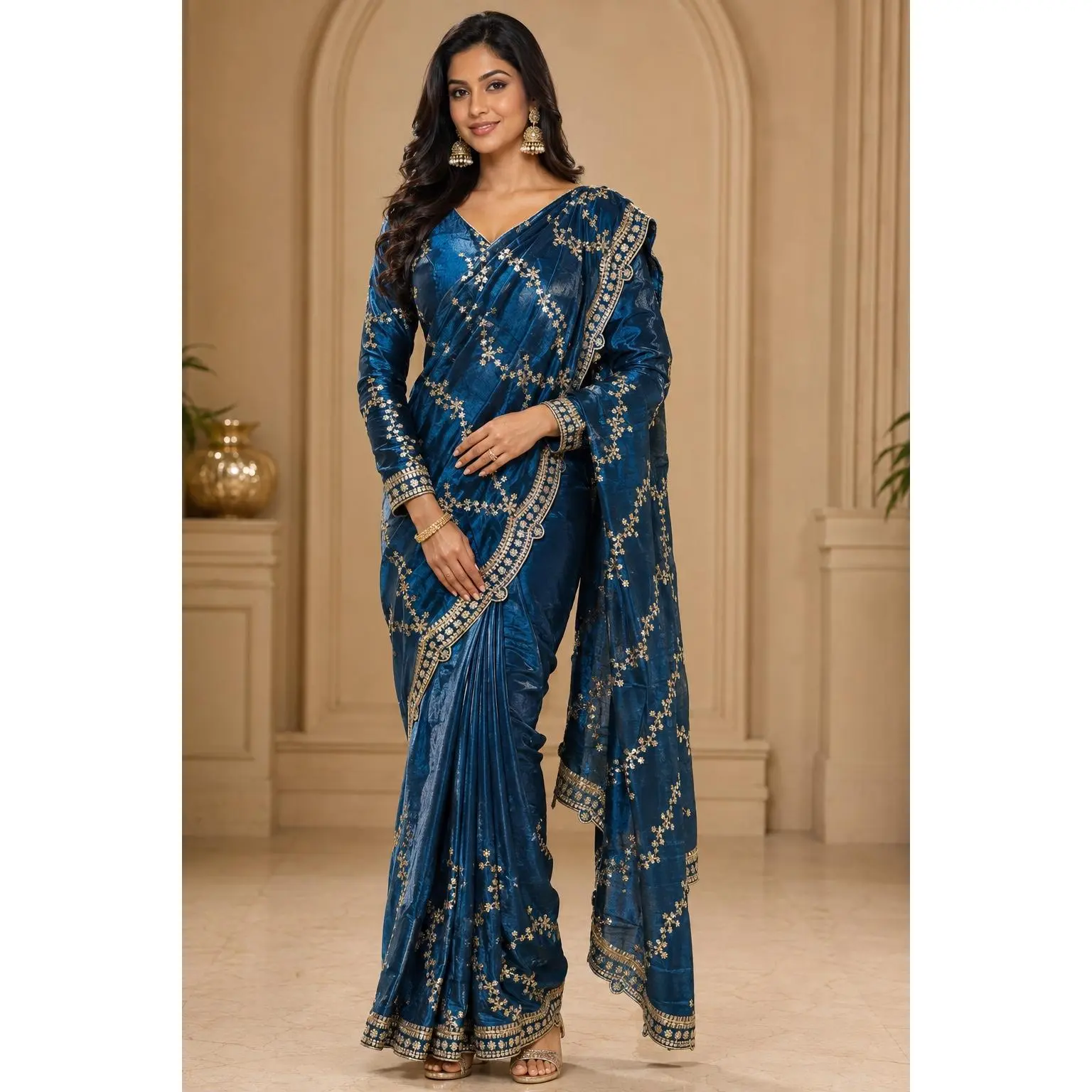 Pre-Pleated  Saree with Embroidery & Sequins