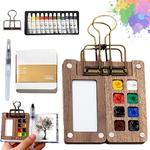 Mini Watercolor Travel Paint Set, Travel Watercolor Set, Portable Artist Palette Sets with Colours, Book,Binder Clips,Pens,Wooden Paint Box for Painters...