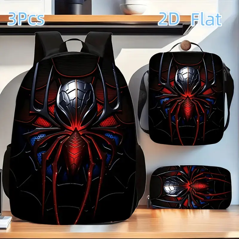 Spider Print 3-Piece Basketball Equipment Backpack Set, Including Single-Layer Backpack, Shoulder Strap Lunch Bag, Single-Layer Pencil Bag for School Sports & Outdoor Use
