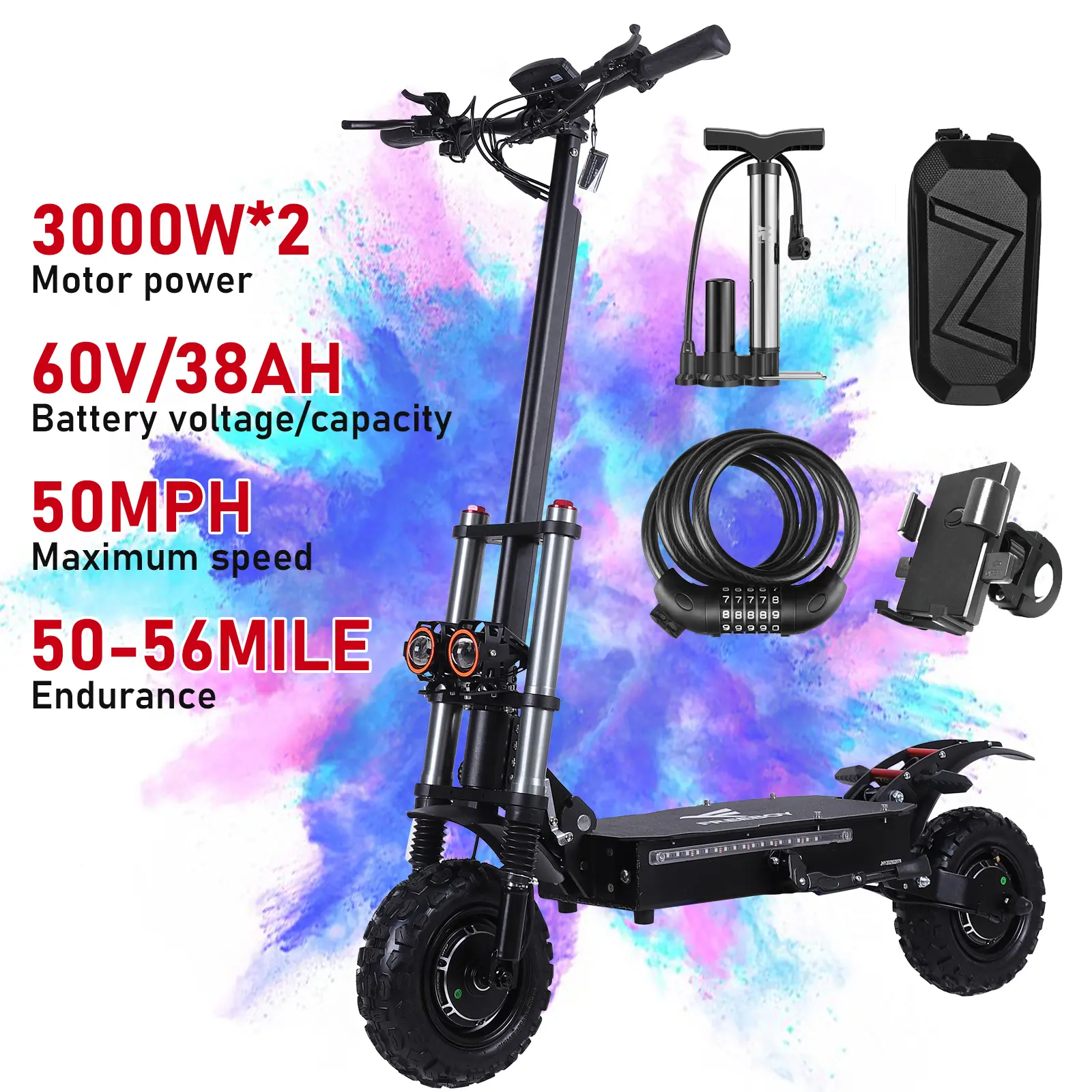 Adult Off-Road Folding Electric Scooter, 6000W Dual 3000W Motors, 60V 38Ah Battery, 50MPH Max Speed, 50-62 Mi Range, 4 Brakes, IP54 Splash-Proof, Detachable Seat, 3-Speed Modes, LED Lighting, NFC Unlock, Portable Powerbank, 1-Year Warranty, Commuting Use,