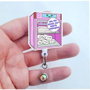 Ask Me About Our Warm Blankets Badge Reel – Funny Retractable ID Holder, Heavy-Duty MRI Safe Clip for Nurses & Medical Staff, Cute Gift Idea