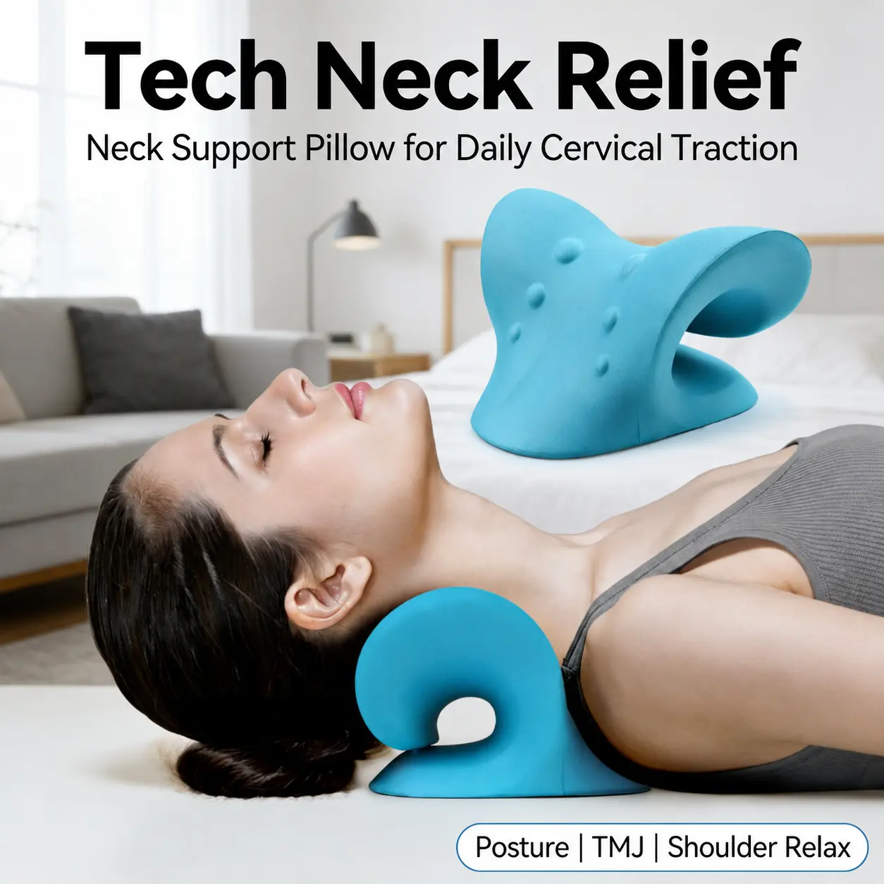 Neck Stretcher Pillow for Neck Support – Neck & Shoulder Relaxer for Tech Neck, Daily Stretch & Comfort Use at Home or Office (Blue)