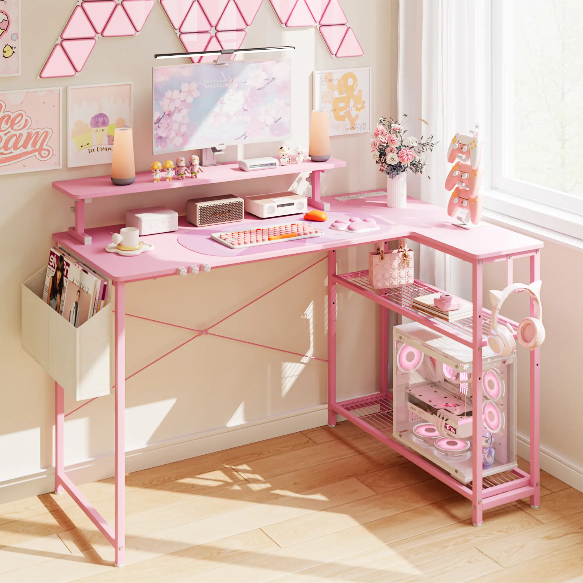 Dowinx L-Shaped Gaming Desk Cute with Cat Accessories, Built-in Power Outlet, Monitor Shelf, and Side Storage – Sturdy Metal Frame for Gamers and Home