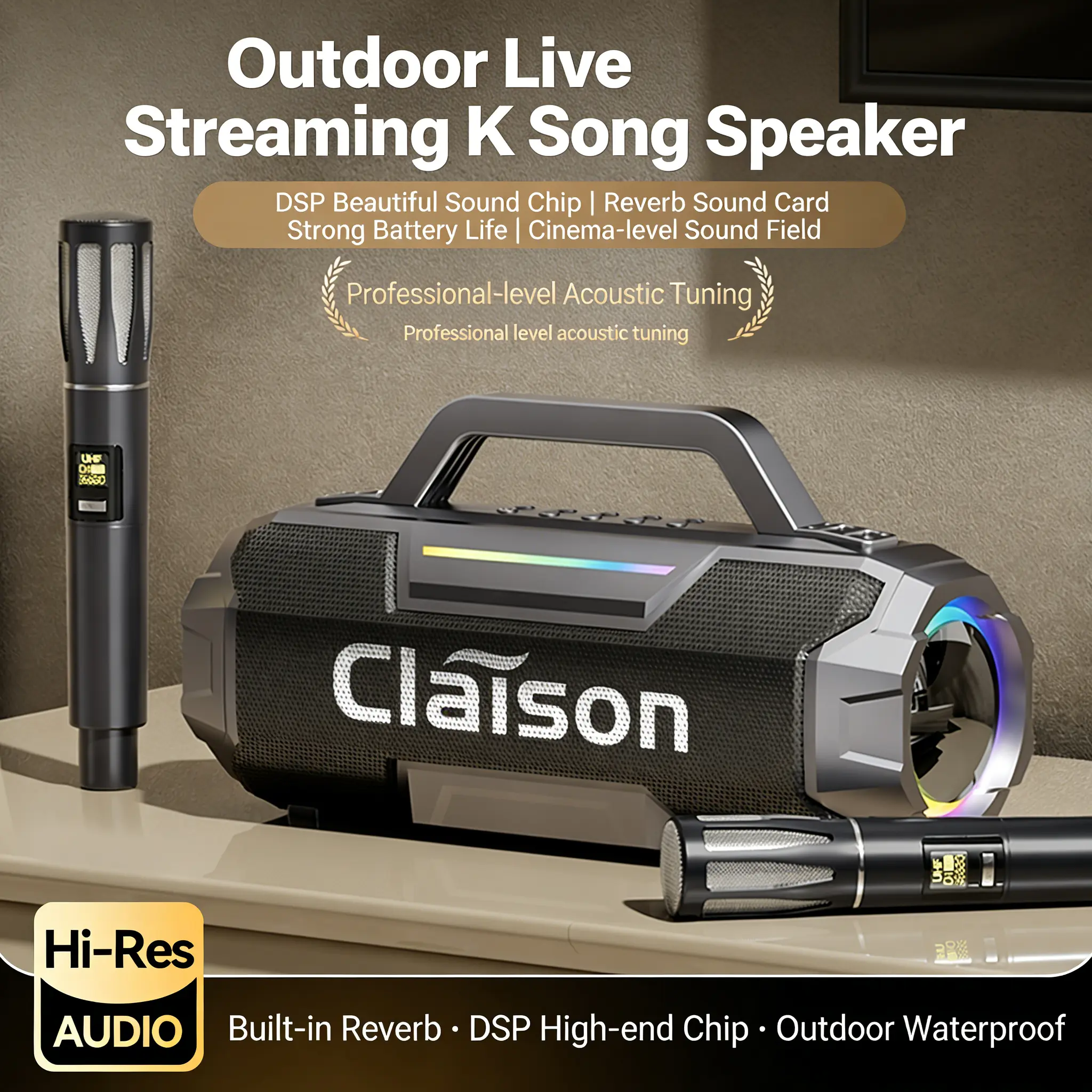Claison 300W Outdoor Karaoke Speaker - Dual Mics, DSP Chip, RGB Lights, Waterproof, Live Streaming & Guitar Input Keywords: