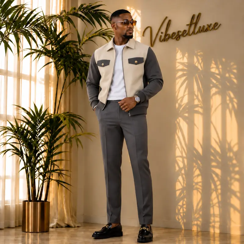 Men’s 2-Piece Smart Casual Set - Zip-Up Collared Jacket with Chest Pockets & Matching Pants, Stylish Menswear Plain Outfit for Loafers Pairing