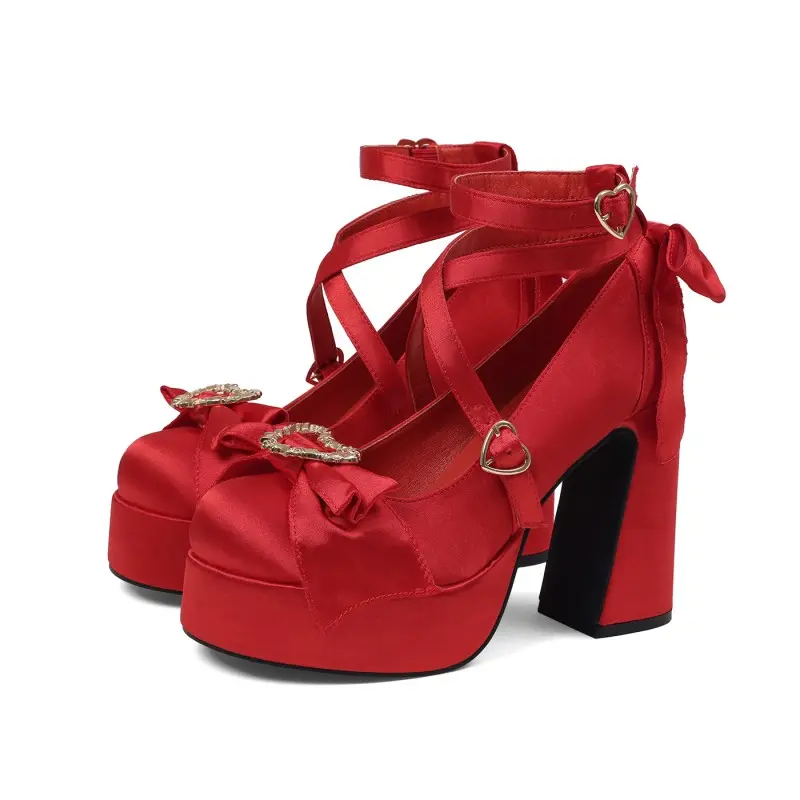 Women's Mary Jane Shoes, Cute Japanese Lolita Red Satin Platform Block Heels with Rhinestone Heart Bow and Crisscross Ankle Strap for Party, Rubber, Chic, Cute Shoes, Ankle Straps, Photos, Tea Party, Flexible, Buckle, Glossy Satin Shine, Elegant, Platform