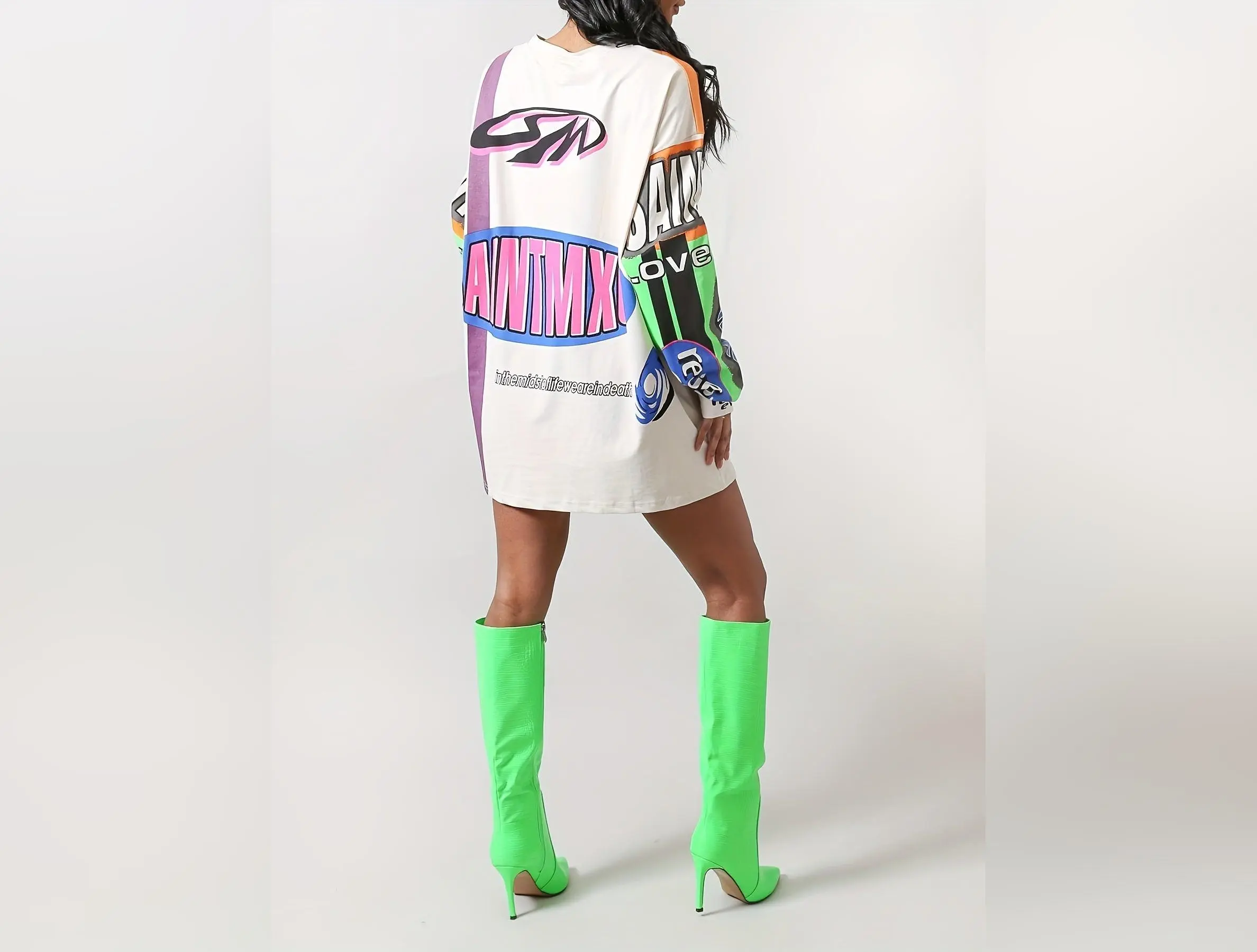 New Arrival Retro Autumn/Spring Color-blocked Patchwork Graffiti Lettering Long Sleeve T-Shirt Dress, Casual Loose Fit for Women