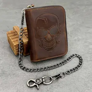 Biker Skull Men's Thin Card Wallet Pocket Zipper Card Clip Leather Brown Wallet