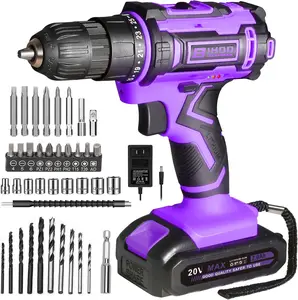 Purple Cordless Drill Set,20V Drill Driver with Battery and Charger,3/8-Inch Keyless Chuck, Variable Speed,with Drills Bits Set