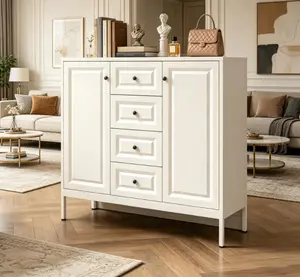 Beige 40.16in Freestanding Storage Sideboard Buffet Cabinet - Living Room Furniture with 4 Drawers, 2 Doors, Adjustable Shelves for Living Room, Kitchen