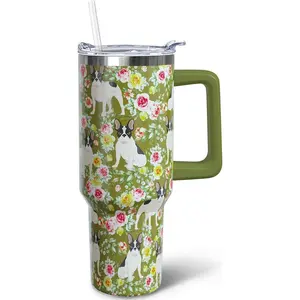 40 oz French Bulldog Tumbler with Handle, Insulated Stainless Dog Tumbler Coffee Travel Mugs Cup Water Bottle French Bulldog Lovers Gifts for Women Girls, Beverage, Flasks,summervibes