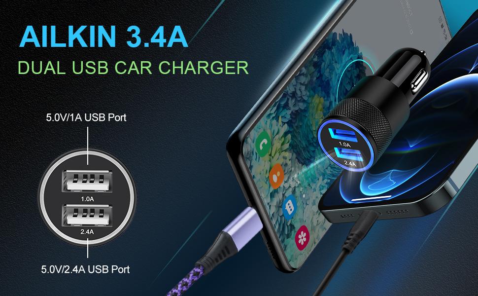 DIBMS Car Charger, [2-Pack/3.4A] Fast-Charging Dual-Port USB Cigarette Lighter Adapter, Compatible with iPhone, iPad, and Samsung