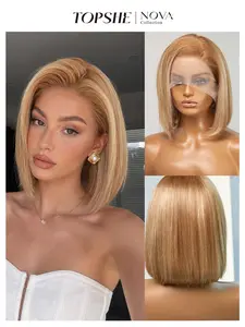 Honey Blonde Lace Front Bob Wig for Women, 8 Inch 100% Human Hair Straight Bob Wig, Side Part Short Blonde Wig with Natural Hairline, Soft Silky Blunt Cut Bob, Lightweight Breathable Cap Wig for Daily Wear Office Date Night