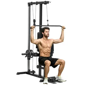 Soozier Home Gym Cable Machine - LAT Machine with High-Low Pulley Stations, Adjustable Seat and Flip-Up Footplate, Strength Training Equipment