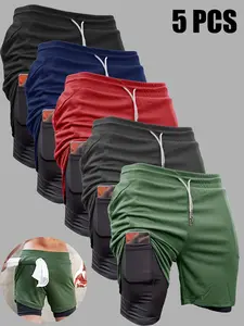 Men's 2 in 1 Double Layer Gym Shorts Inner Pocket, Breathable Comfortable Drawstring Waist Athletic Sports Shorts, Men's Sportswear Clothing for Indoor Outdoor Wear