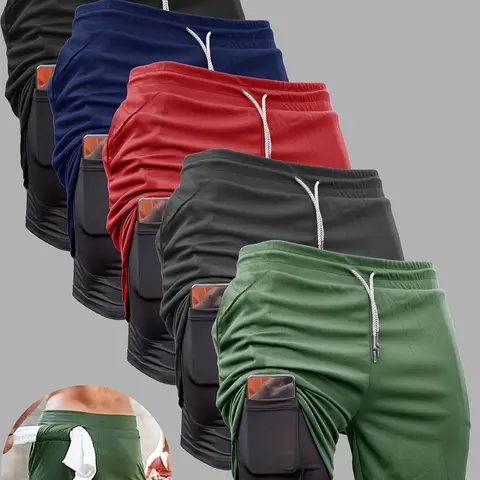 Men's 2 in 1 Double Layer Athletic Gym Shorts Inner Pocket, Active Wear Shorts, Breathable Comfortable Drawstring Waist Gym Shorts, Men's Sportswear Clothing for Indoor Outdoor Wear