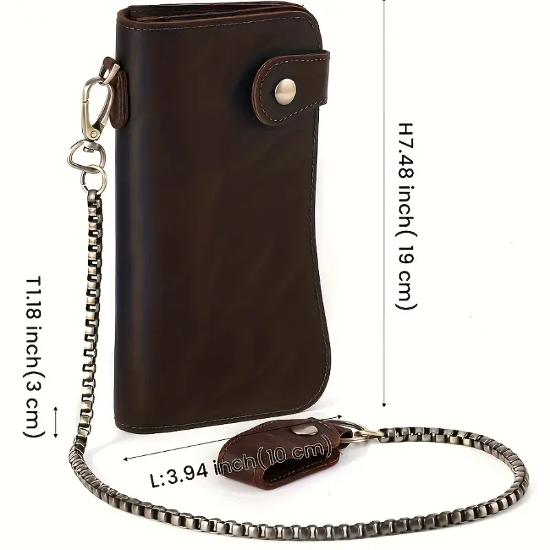 [Vintage Leather Anti-Theft Wallet] Dark Brown Vintage Top-Grain Leather Anti-Theft Long Wallet with Chain - Casual Fashion Clutch Bag with Coin Pocket & ID Window, Polyester Lined - Ideal Gift for Father