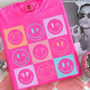 Comfort Colors Neon Summer Smiley Face Checkerboard Shirt, Sunshine, Summer Vibes, Neon Trendy Summer Design, Distressed Beach, 100% Cotton Unisex Design, Gift For Him Or Her, Cotton Fabric