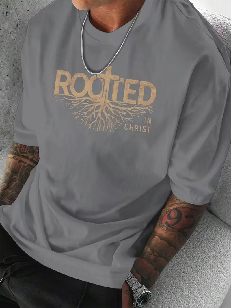Vintage Rooted In Christ Tree Root Cross Print T-Shirt Faith Religious Gift Tee For Christian Men Women