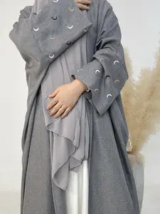 Arabic Clothing- Women's Moon Embroidery Abaya without Hijabs, Summer Outfits 2024, Modest Casual Long Sleeve Open Front Muslim Abaya, Islamic Clothing