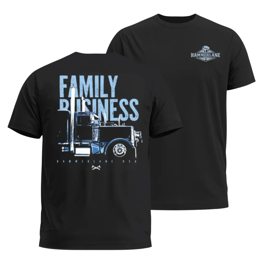 [HAMMERLANE] Family Business Semi Truck T-Shirt, Custom Big Rig Graphic Tee, American Truck Driver Lifestyle Apparel for Men, Gift for Truckers & Long Haul Drivers