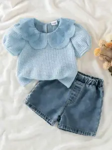 Baby Girl 2-Piece Set, Ruffle Collar Bubble Sleeve Top & Denim Shorts, Casual Fit, Perfect for Daily Wear & Vacation, Outfit