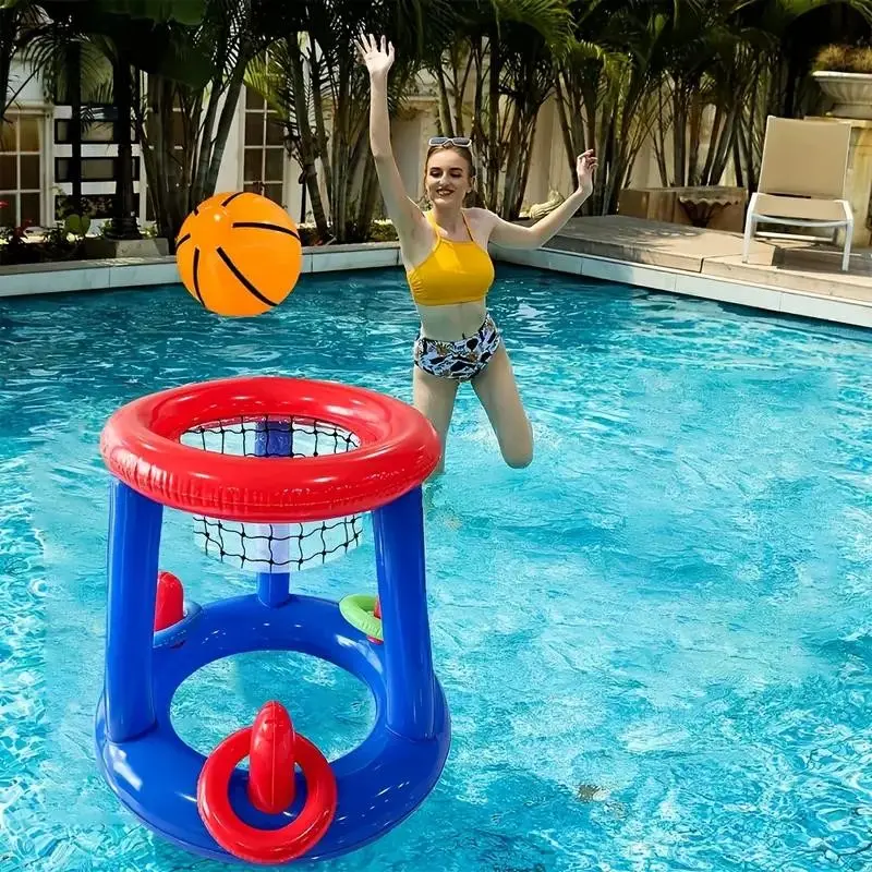 Inflatable Ring Toss Game, Durable PVC Material, Multiple Rings, Blue Frame & Handle, Easy Installation, Beach Activities, Pool Parties, Fun Pool Floats, Pool Inflatables