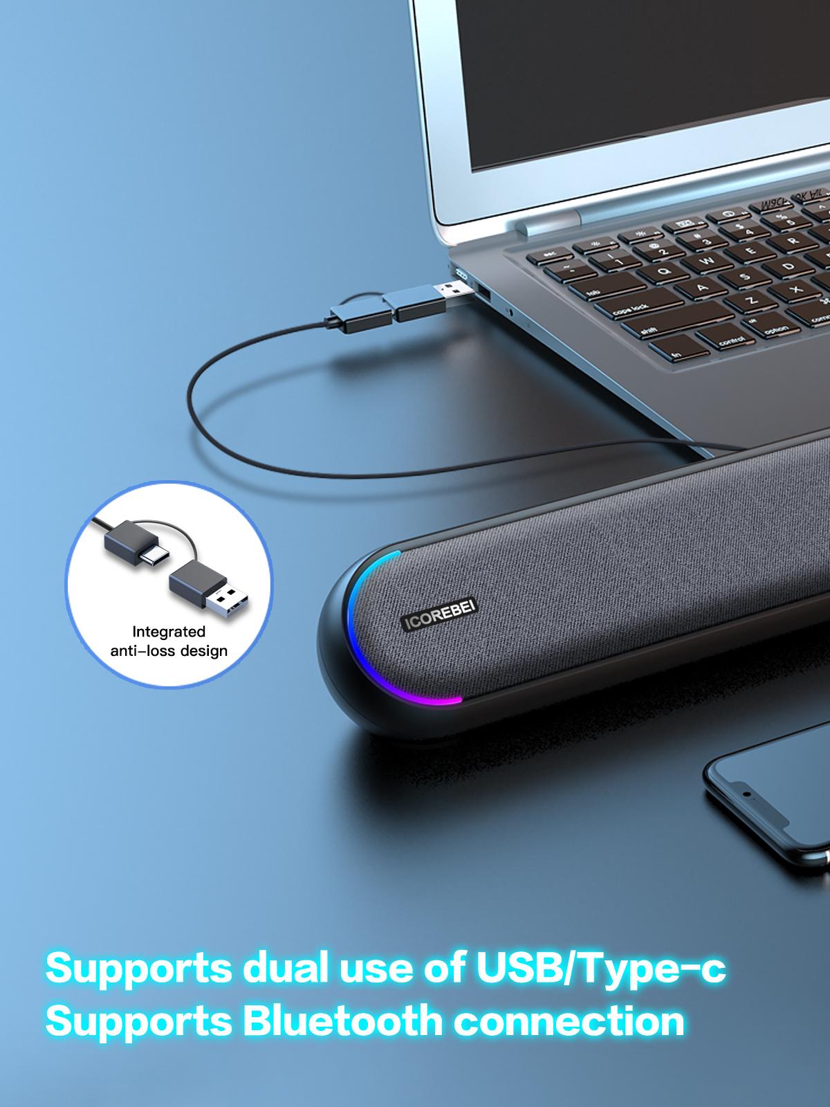 ICOREBEI Desktop Computer Speaker/Soundbar, compatible with Mac, desktop, laptop, tablet, monitor, and PC, plug and play, USB to USB-C power supply and audio transmission; Bluetooth 5.3, RGB lighting, wired gaming speaker.