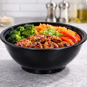 24oz One Time Use Plastic Black BPA Free Food Prep Ramen Bowl, Nut Container, Bento Box, Fast Food Take Out Box, BBQ Box, Portable, Stackable, Extra Thick, Microwavable, Freezer Safe, Disposable, Leak proof, Dish Washer Safe