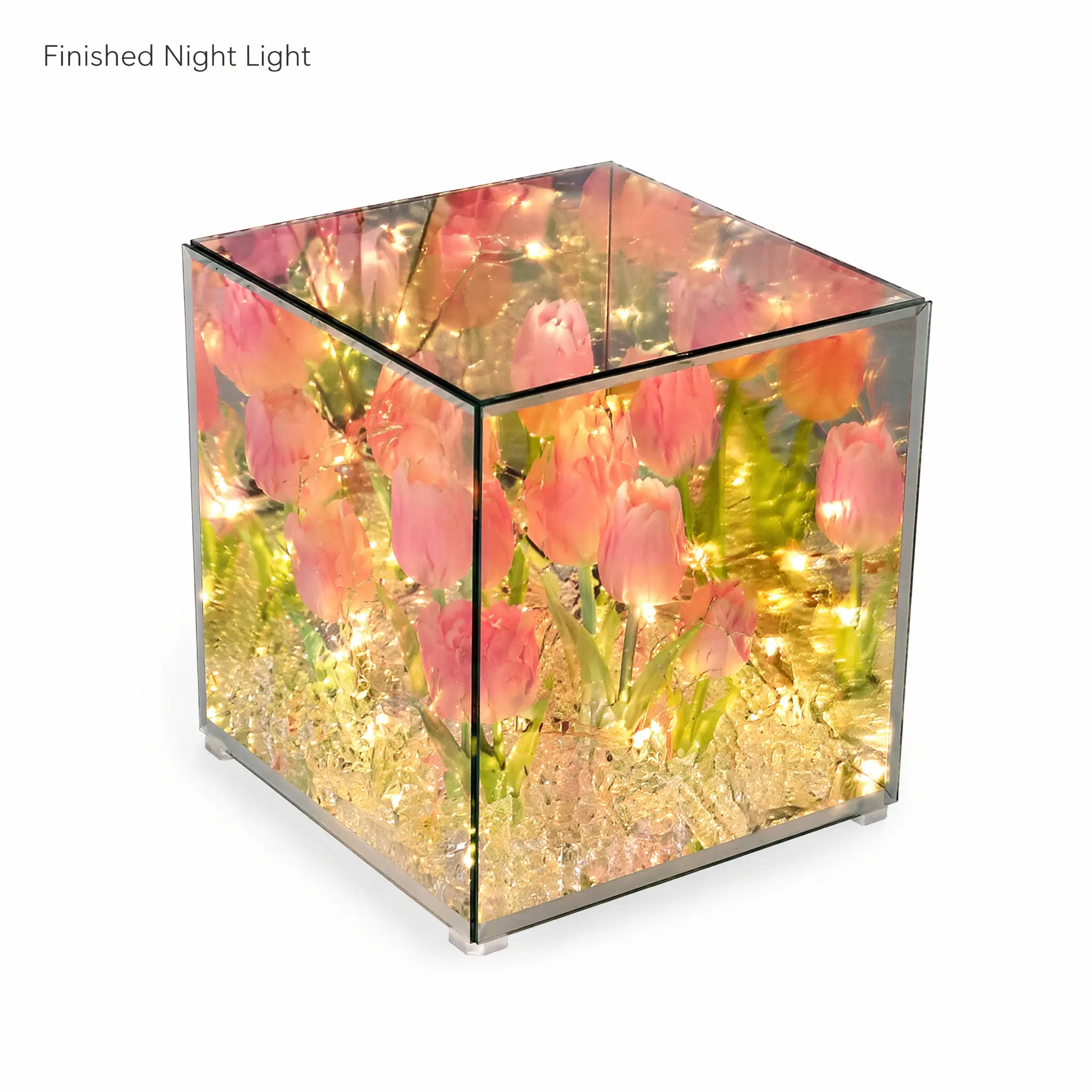 DIY Mirror Cube Tulip Night Light Craft Kit - Warm LED Fairy Lights, Mirror Acrylic Sheets, Artificial Tulips, Crystal Gravel, Hot Melt Glue Sticks, Full Assembly Supplies, Infinite Reflection Romantic Handmade Party Gift for Girlfriend