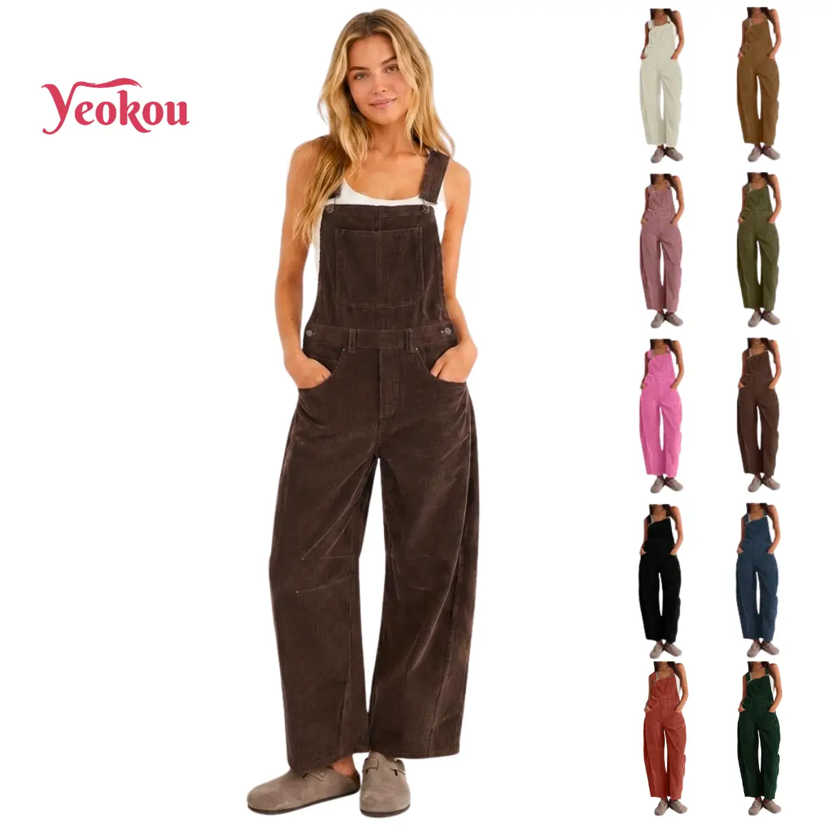 Yeokou  Corduroy Overalls for Women Barrel Wide Leg Bib Corduroy Pants Women Adjustable Romper Jumpsuit with Pockets,summerwins