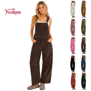 Yeokou  Corduroy Overalls for Women Barrel Wide Leg Bib Corduroy Pants Women Adjustable Romper Jumpsuit with Pockets,summerwins