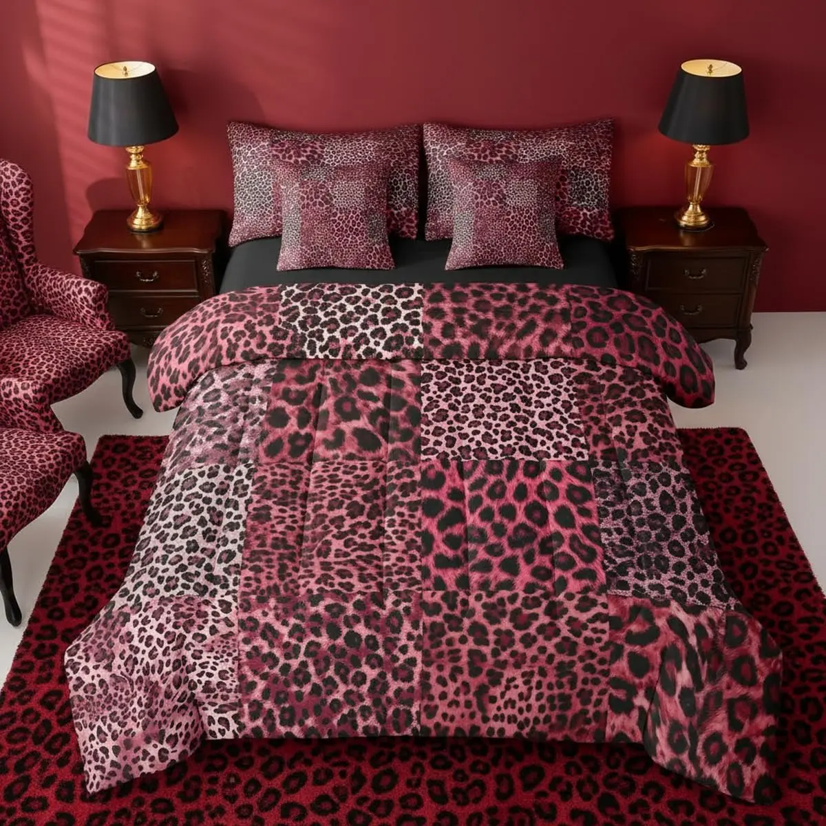Red Cheetah Print Comforter Set with Sheets 7 Piece African Animal Leopard Bed in A Bag Animal Skin Texture Bedding Sets for Luxury Wildlife Patchwork Geometric Bed Set