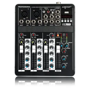KASCHUN T4 4-channel audio mixer features Bluetooth 5.0, USB recording, +48V phantom power, 3-band EQ, and built-in effects. Plug-and-play for live streaming, podcasting, karaoke, and stage performances, compatible with mics, guitars, and speakers.
