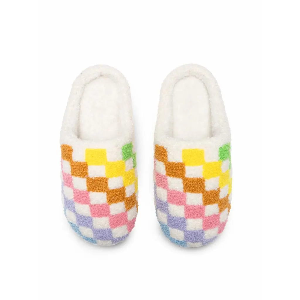 Rainbow Checker Slippers | Fuzzy Non-Slip Slippers - Warm Cozy Soft Lightweight Plush Slipper – Cute Home Slippers - Easy Slip-On Design – Unisex Indoor & Outdoor Use Shoes