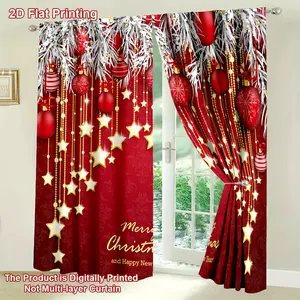 [2D Door Curtain] 2pcs Festive Christmas Door Curtains - Red & Golden Starry Night Design with Snowflakes, Polyester, Machine Washable, Clip-On Style for Cozy Bedroom, Chic Office, Home Decoration Curtain