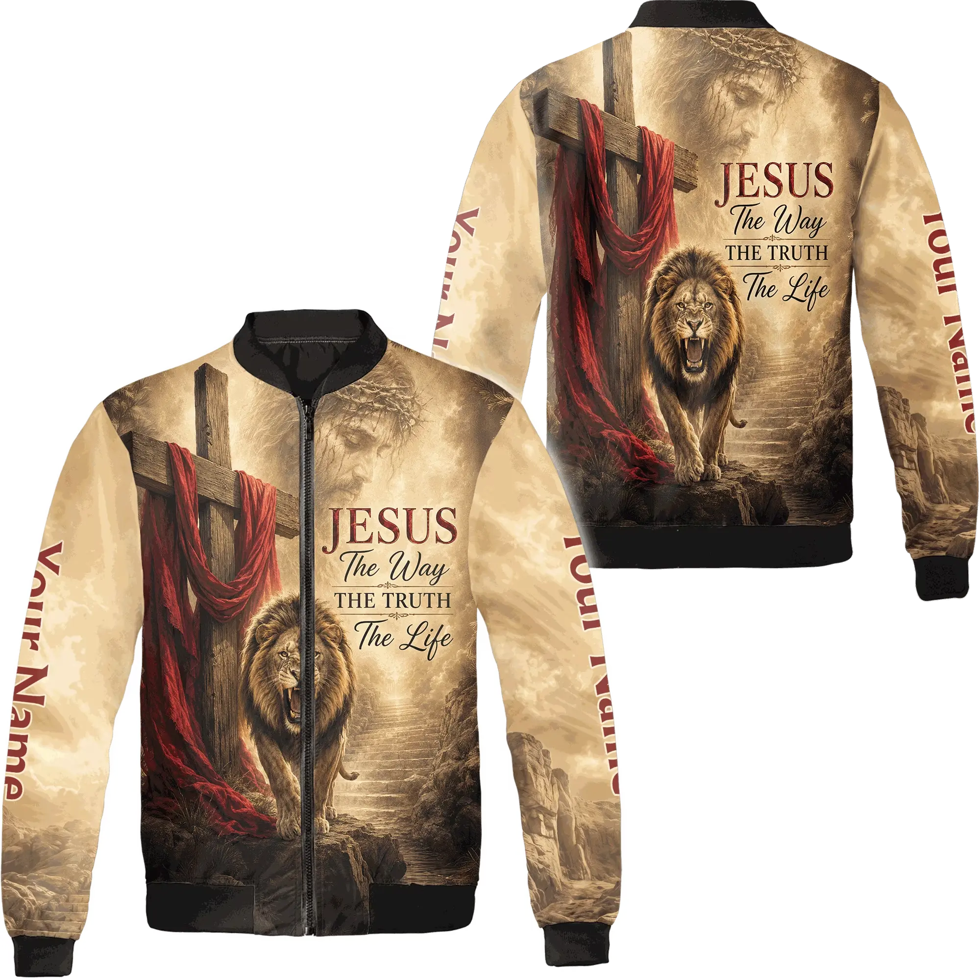 Lion Cross Faith Bomber Jacket S–5XL Multicolor – Jesus Graphic Zip Up Coat, Religious Vintage Style Outerwear