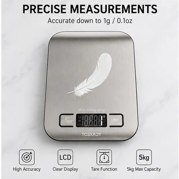 Digital Kitchen Food Scale, 11lb/5kg High-Precision Stainless Steel Scale with LCD Display, Tare Function for Cooking & Baking (g/oz Measurements)